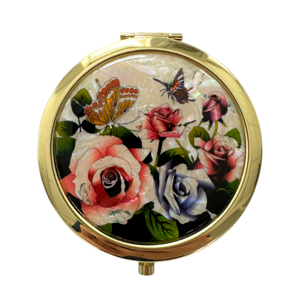 NAMIN Craft Portable Korean Mother-of-Pearl Double-Sided Compact Mirror (70mm x 75mm) Butterfly and Rose _ 1x Magnifying Mirror, One-Touch Open, Korean Traditional Handicraft, Souvenir, Made in Korea